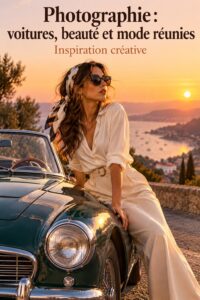 Un beau modèle de voiture sportive en pleine nature avec des éléments de mode.