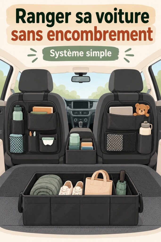 Une voiture organisée avec des accessoires de rangement pratiques et esthétiques, soulignant le confort dans l'habitacle.