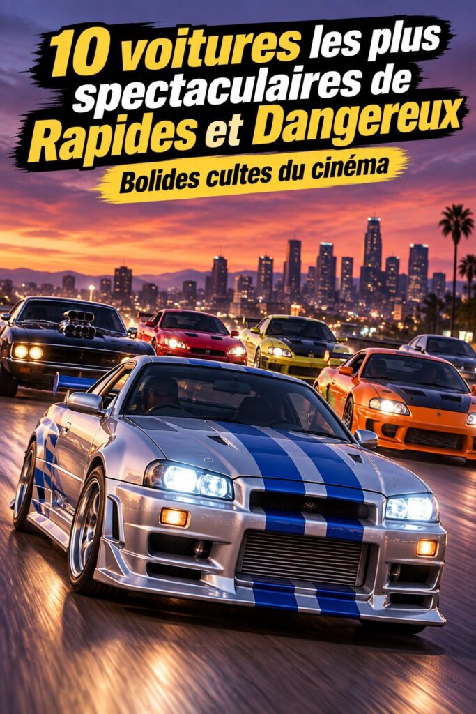 Affiche de Fast and Furious avec des voitures électriques emblématiques en action.